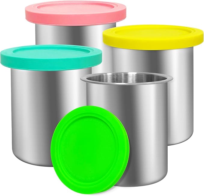 Stainless Steel Fit for ninja Creami Deluxe Containers– 4 Pack, Compatible with Ninja Creami CN501CO,NC501, NC500 Delux XL Series, Silicone Lids, BPA-Free, Dishwasher Safe, 5 Years Warranty