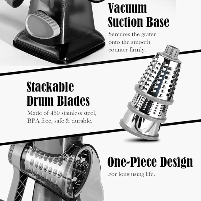 Cheese Grater Hand Crank Rotating Cheese Shredder Stainless Steel Vegetable Slicer Grater for Kitchen 3 Blades for Cheese, Carrot, Cucumber, Nuts, Chocolate, Dark Grey