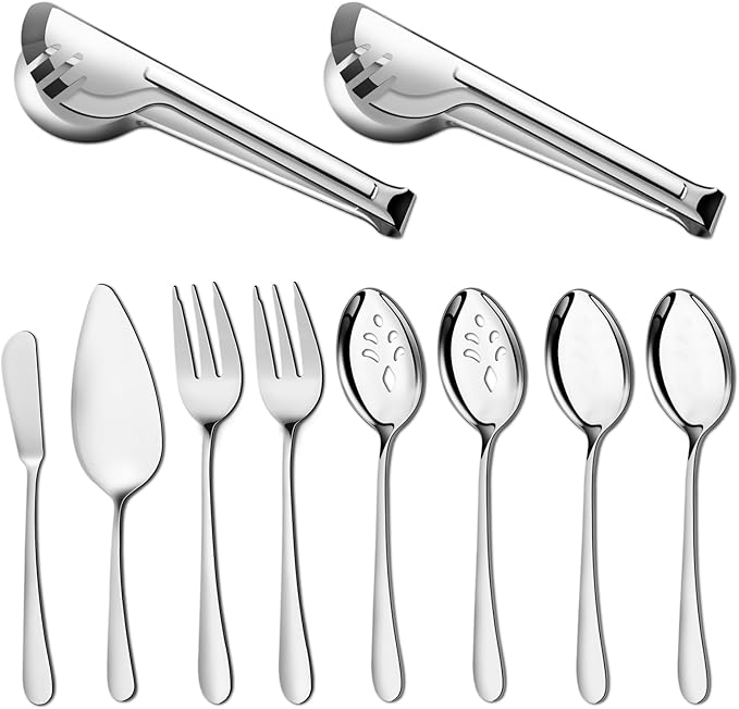 Pleafind 10 PCS Stainless Steel Serving Utensils Set with Spoons, Slotted Spoons, Forks, Tongs, Pie Server and Butter Knife for Parties, Buffet, Banquet