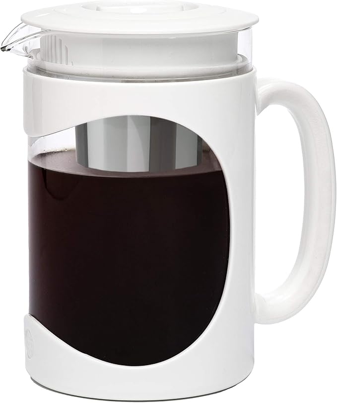 Primula Burke Deluxe Cold Brew Iced Coffee Maker, Comfort Grip Handle, Durable Glass Carafe, Removable Mesh Filter, Perfect 6 Cup Size, Dishwasher Safe, 1.6 qt, White