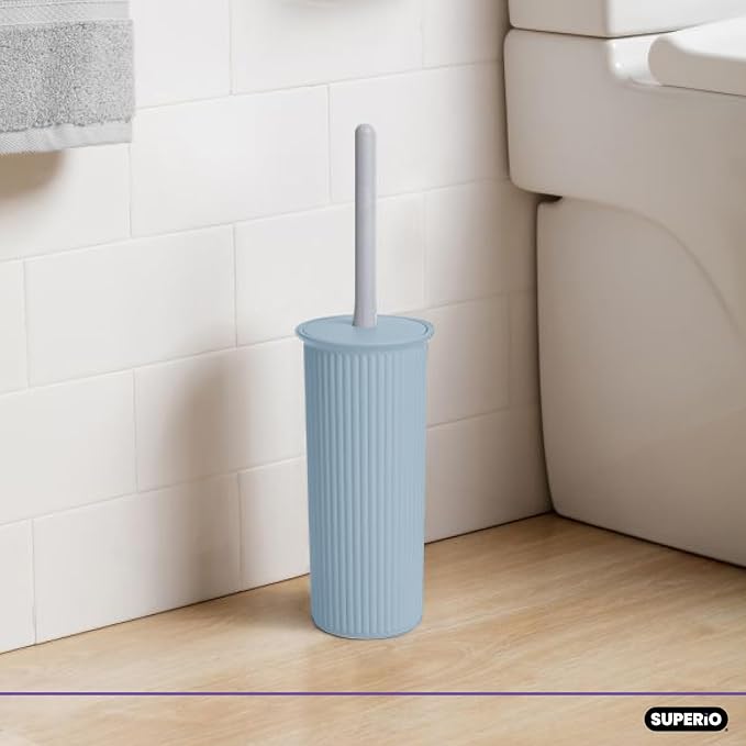 Superio Ribbed Collection - Decorative Plastic Toilet Bowl Brush and Holder Set, Blue (1 Pack) Cleaner Scrubber for Bathroom