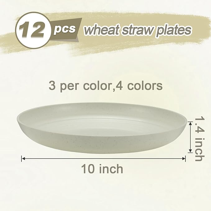 12 Pcs Unbreakable Deep Dinner Plates Set, 10 inch Reusable Plastic Wheat Straw Plates, Microwave and Dishwasher Safe Plate for Kitchen, Lightweight Plate for Dessert, BPA Free, 4 Colors