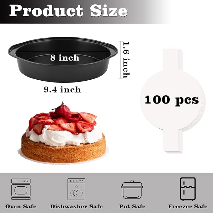 HUAKENER 8 Inch Cake Pan - Set of 3 Round Cake Pans with 100 Pieces Parchment Paper, Non-stick Cake Baking Pans with Handle, Dishwasher Safe