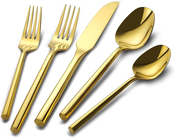 DEACORY Silverware Set Flatware Set Mirror Gold Cutlery Set Heavy Hexagon Handle Stainless Steel 20 Pieces Dishwasher Safe Service for 4