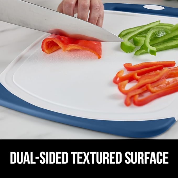 GORILLA GRIP BPA-Free Reversible Kitchen Cutting Board Set of 3, US Designed, Nonporous, Juice Grooves Catch Liquid, Slip Resistant Border, Dishwasher Safe, Durable Large Food Chopping Boards, Blue