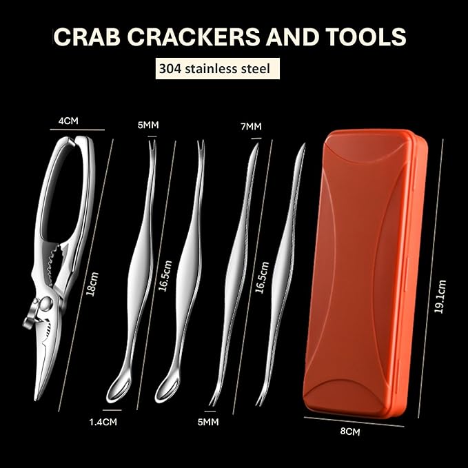 ACCUFINE Crab Crackers and Tools in Case Stainless Steel Set for Party Crab Scissors for Cutting the Shell Lobster Cracker and Tool Set Seafood Scissor Shrimp (silver)