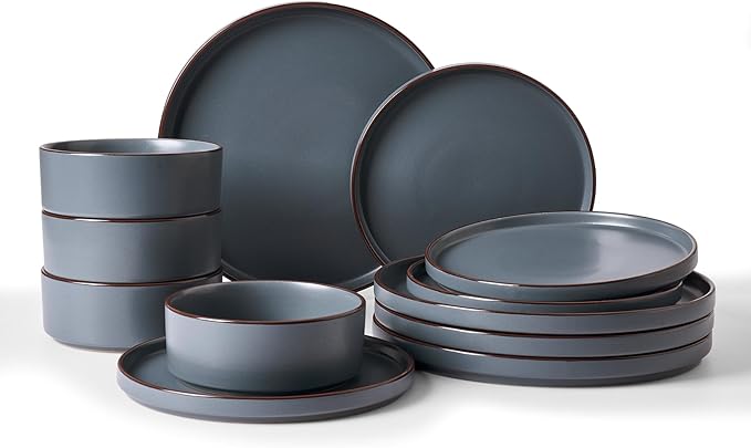 Famiware Nebula Ridge Stoneware Dinnerware Sets, Plates and Bowls Sets for 4, 12 Pieces Dishes Set, Microwave and Dishwasher Safe Kitchen Plates, Charcoal