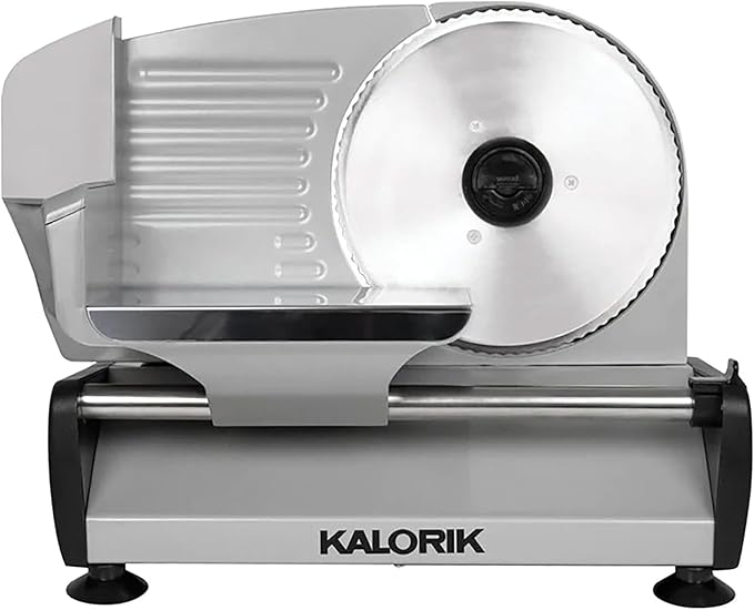 Kalorik Professional Electric Food and Meat Slicer Features Adjustable Thickness Control & Safety Pusher with Thumb Guard, Easy Clean Removable 7.5-Inch Blade, 200-Watts, Silver
