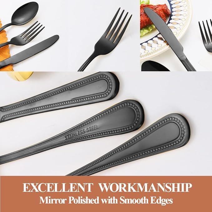 20 Pcs Black Silverware Set for 4 with Pearled Edge Handle design, Food Grade Stainless Steel Flatware Set, Eating Utensils Sets Include Fork/Knife/Spoon, Reusable Cutlery Set, Dishwasher Safe