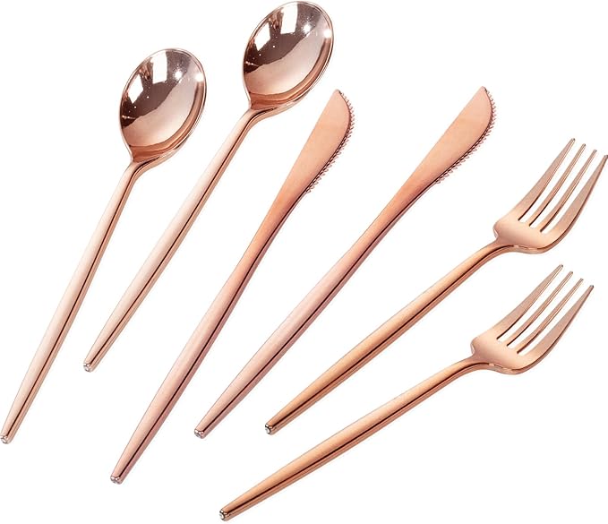 PULOTE 300PCS Rose Gold Plastic Silverware Set - Heavy Duty Rose Gold Utensils Set - Plastic Cutlery Disposable - Include 100 Knives,100 Forks and 100 Spoons for Party & Wedding