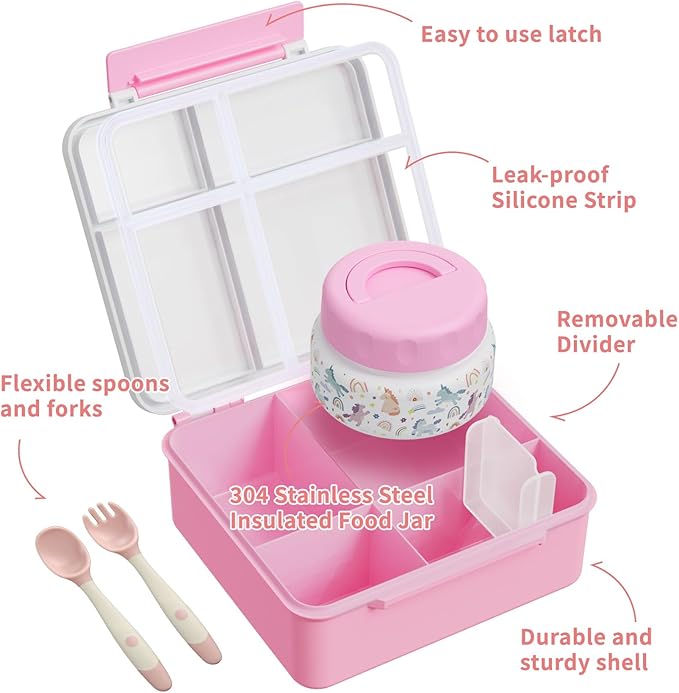 Bento Box for Kids with Thermo Food Container (9oz), 4-Compartment Lunch Box, Adjustable Divider, Leakproof Bento Lunch Box, Includes Utensils & Carry Bag for School, Office(White-Horse)