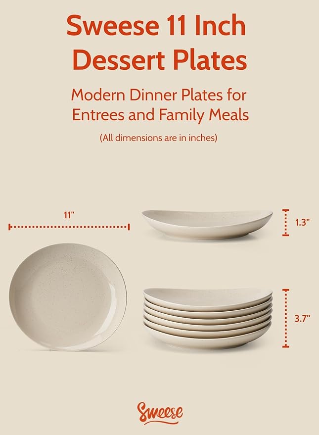 Sweese 11 Inch Porcelain Dinner Plates, Set of 6 - Beige, Vitrified China, Curve Collection, Dishwasher Microwave Safe