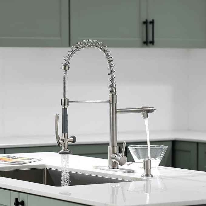 Fapully Commercial Pull Down Kitchen Sink Faucet with Sprayer Brushed Nickel Single Handle Faucets for Kitchen Sink, Kitchen Faucet with Soap Dispenser and Deck Plack for 4 Hole