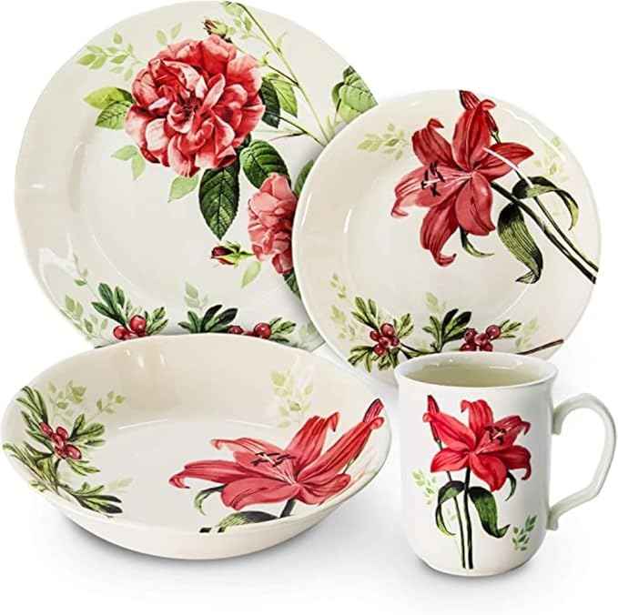 Tudor Royal 12-Piece Round Porcelain Dinnerware Set, Service for 6, Rosemary,Summer Flowers, Plates Bowls Dishes, Glossy, Premium Quality Dish Set, Unique Pattern