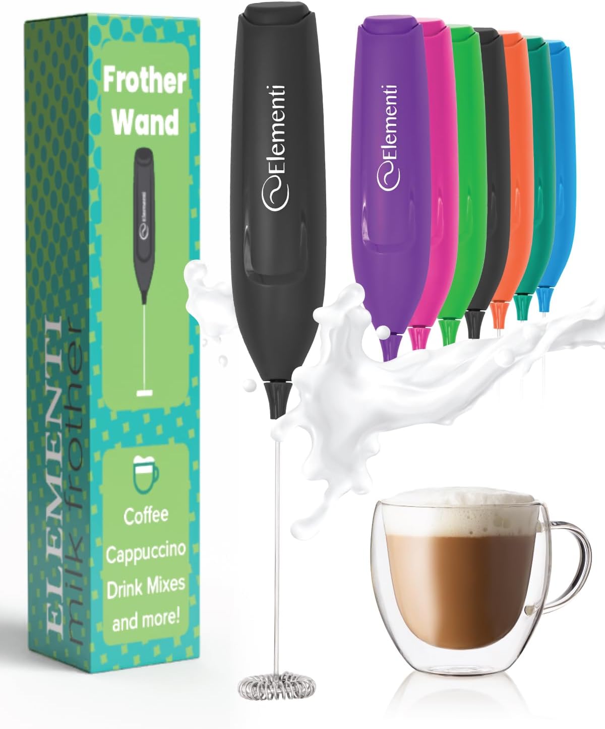 Elementi Powerful Frother Wand – Lightweight Milk Frother & Drink Mixer Handheld, Matcha Whisk for Dreamy Lattes, Powerful Coffee Mixer Wand & Blender Stirrer - Make Creamy Cappuccinos at Home (Black)