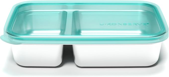 U Konserve Stainless Steel Rectangle Divided Food Storage Bento Box Container, Leak Proof Silicone Lid Dishwasher Safe - Plastic Free, (28oz Island Teal)