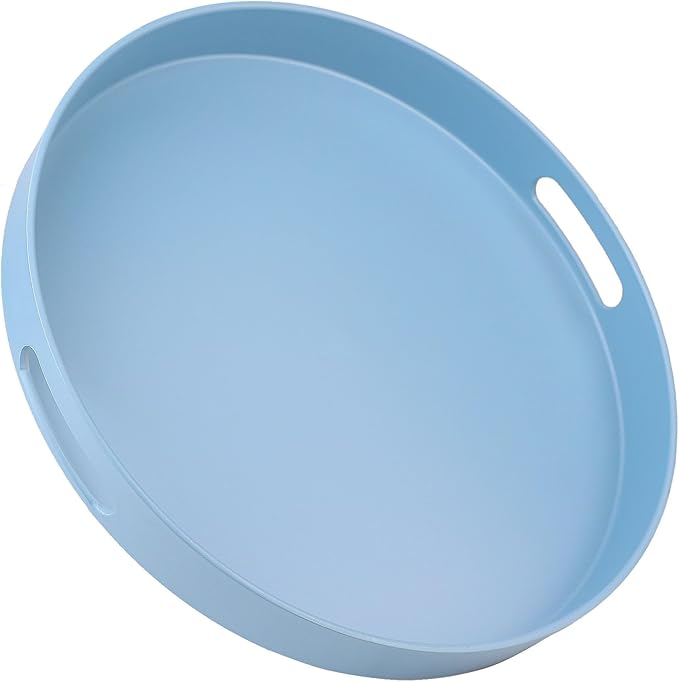 Round Blue Decorative Serving Tray with Handles, 13” Versatile Ottoman Tray for Coffee Table, Entertaining, Outdoor Patio, Living Room