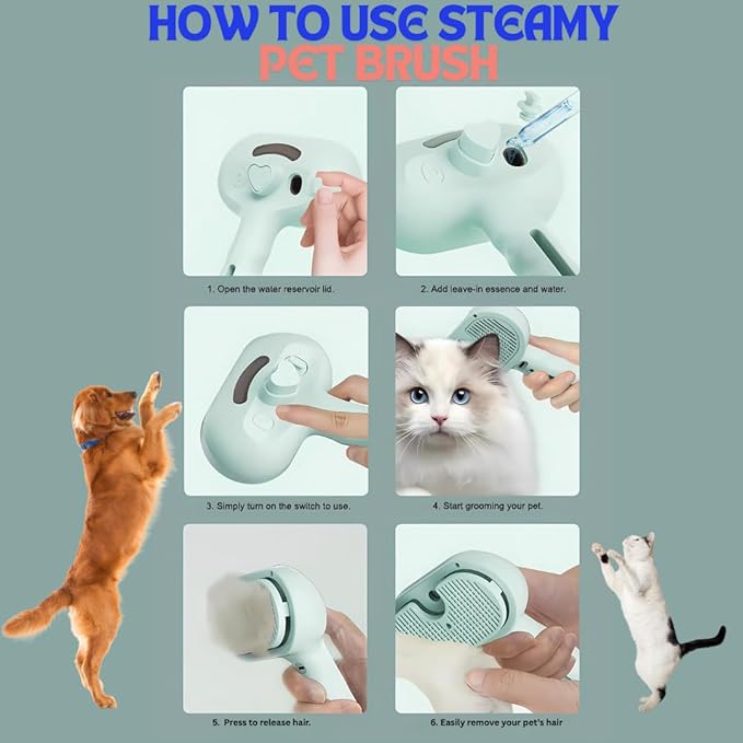 Pet Steam Brush for Cats Dogs, 3-in-1 Cat Grooming Tool with Water Spray and Quick Hair Release Button, Hair Removal Comb for Shedding, Steamy Brush (Pink)