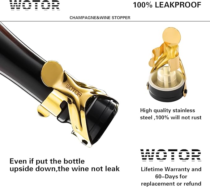 WOTOR Champagne&Wine Bottle Stoppers Stainless Steel with Food Grade Silicone, Leak Proof Keep Fresh Reusable Saver, Cork Suitable for Wine, Champagne, Cava, Prosecco and Sparkling (2 Pack Gold
