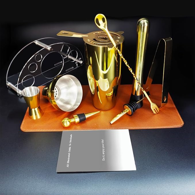 Cocktail Shaker Set with Stand, Cocktail Shaker Bartender Kit: Bar Tool Set, Drink Mixing Includes Martini Shaker,Strainer,Jigger,Bar Mixer Spoon,Muddler, Pourer, Bottle Stopper (Gold)