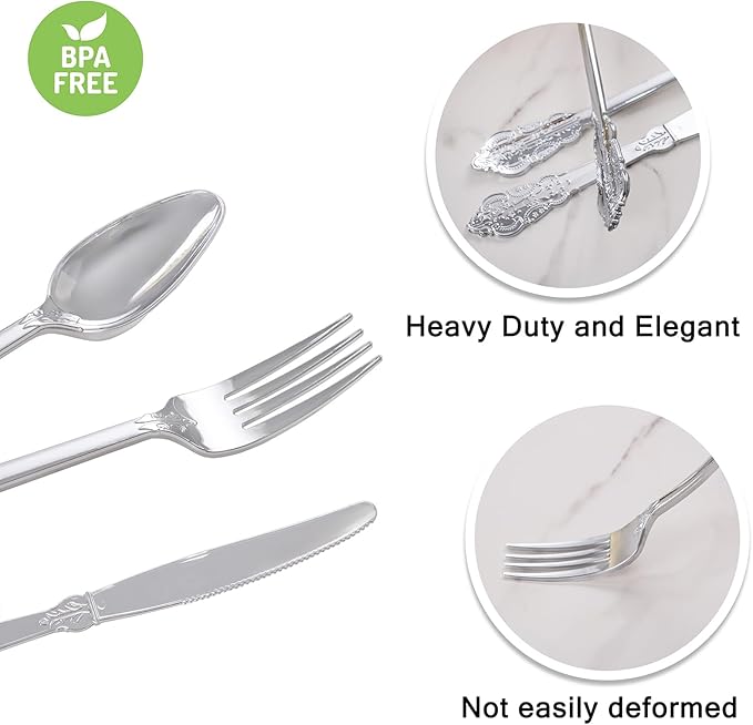 WELLIFE 50 Pack Silver Plastic Silverware, Wrapped Silverware Set Disposable,Plastic Utensils Set Include 50 Forks, 50 Knives, 50 Spoons and 50 Napkins, Disposable Cutlery for Party and Wedding