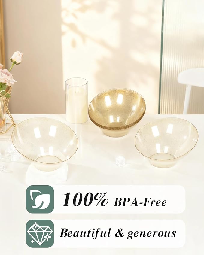 BESTVIP 20oz Clear with Gold Glitter Serving Bowls for Party - 12 Pack Angled Disposable Serving Bowls for Chips, Snacks, Fruit, Salad - Decorative Catering Bowls for Daily Use, Christmas