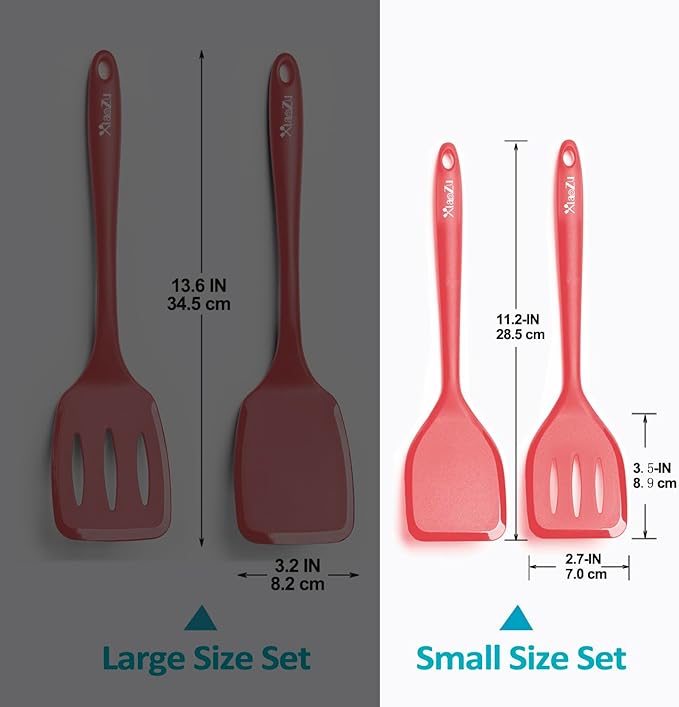 Silicone Spatula Turner Set, High Heat Resistant Spatulas with Seamless One Piece Design, Nonstick Rubber Flippers Utensils for Baking & Cooking,BPA-Free, Red, 11 IN