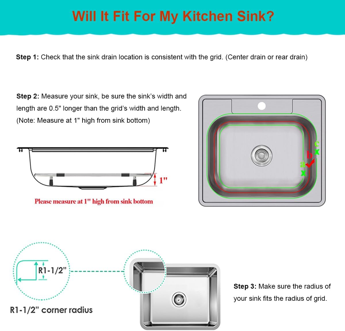 Orgneas Sink Protectors for Kitchen Sink, Universal Double Bowl Sink Bottom Grid 13.2"x11.6"x1.25", 304 Premium Stainless Steel Kitchen Sink Protector Grid Sink Grate Rack Rear Drain 2 Packs