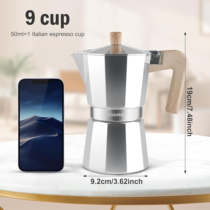 Sivaphe Aluminum Moka Pot 9 Espresso Cups, Percolator Espresso and Coffee Maker, Portable Stovetop Italian and Cuban Café Brewer for Home and Camping Sliver