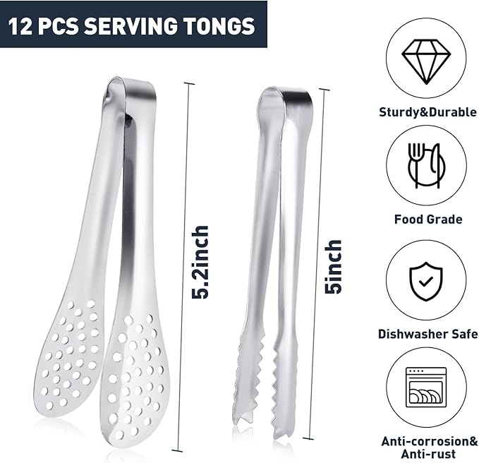 JCREN 12 Pack Mini Tongs - Small Stainless Steel Food Tongs for Serving Appetizers, Tea Party, Coffee, Desserts - 5 inch - Silver
