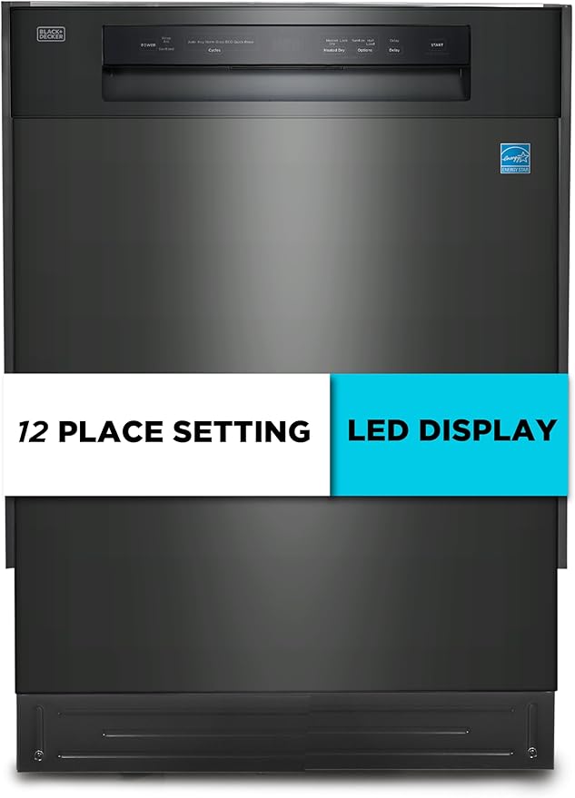 BLACK+DECKER 24" Built-In Dishwasher, 12-Place Setting Capacity with Stainless Steel Tub, Dish Washer with 5 Wash Programs and Smart Wash Cycle, ENERGY STAR Certified, BDW100MB, Black