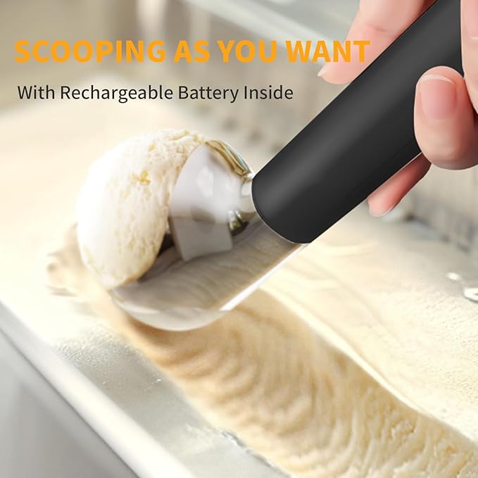 Heated Ice Cream Scoop, Electric Scooper for Hard IceCream, Self Warming Spoon Max to 158℉, Rechargeable Battery, Rust-Proof Metal, Easy to Clean(Black)