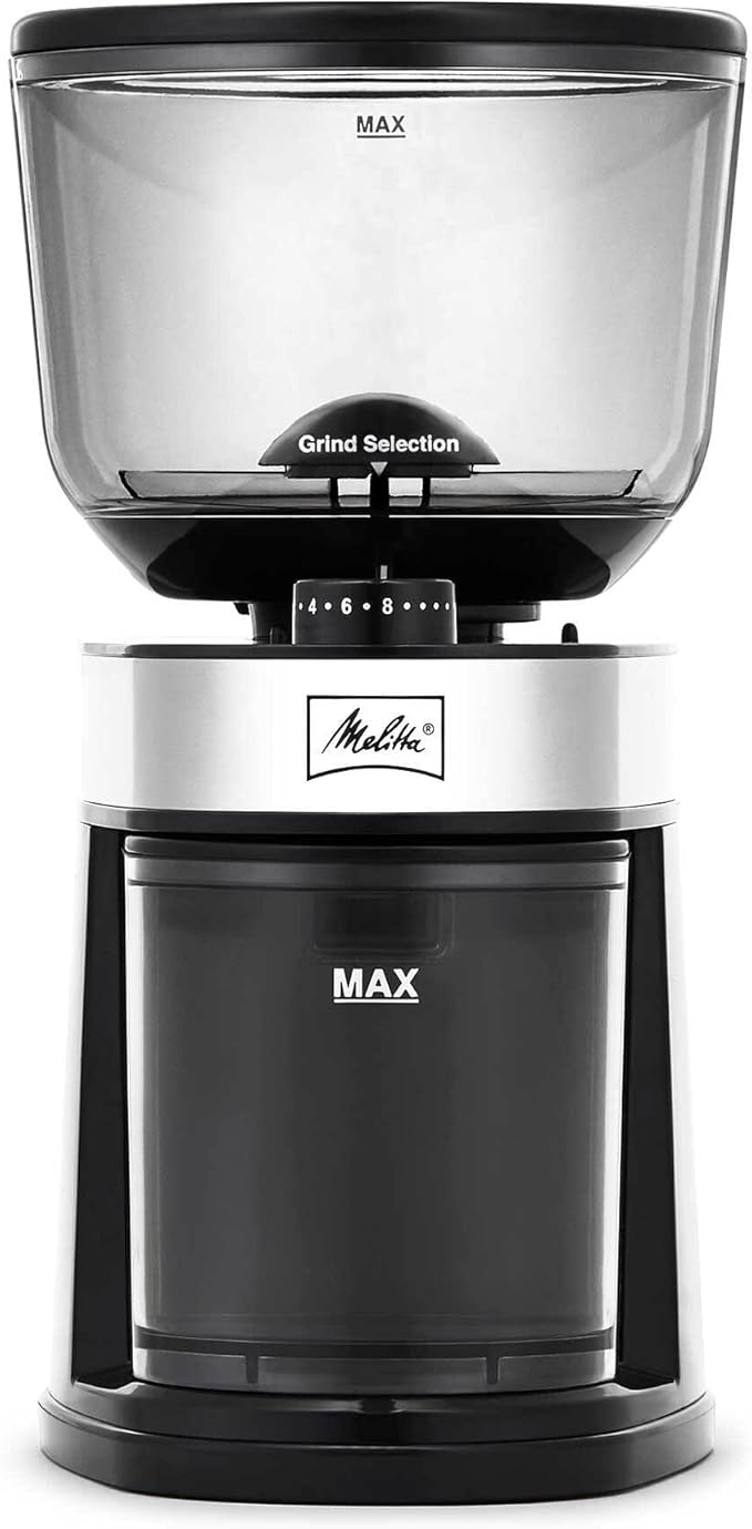 Melitta Molino Flat Burr Coffee Grinder | Whole Bean Grinder | Easy Clean & Assembly | Safety Lock Feature | with Cleaning Brush and Spoon Included |Capacity: 8 oz (225g) | 14 cups