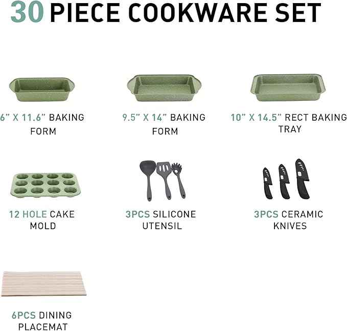 MAISON ARTS Pots and Pans Set Non Stick, 30 Piece Kitchen Cookware & Bakeware Sets with Granite Coating, Pots and Pans Sets for Cooking Nonstick, Green