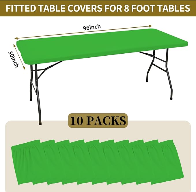 10 Pack Fitted Tablecloth for 8 Foot Rectangle Tables, Green Elastic Outdoor Picnic Table Cover, Washable Stretch Folding Table Cloths 8 ft for Camping Party Patio Kitchen Banquet, 30" W x 96" L