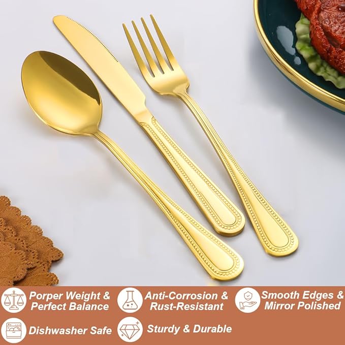 40 Pcs Gold Silverware Set for 8 with Pearled Edge Handle design, Food Grade Stainless Steel Flatware Set, Eating Utensils Sets Include Fork/Knife/Spoon, Reusable Cutlery Set, Dishwasher Safe