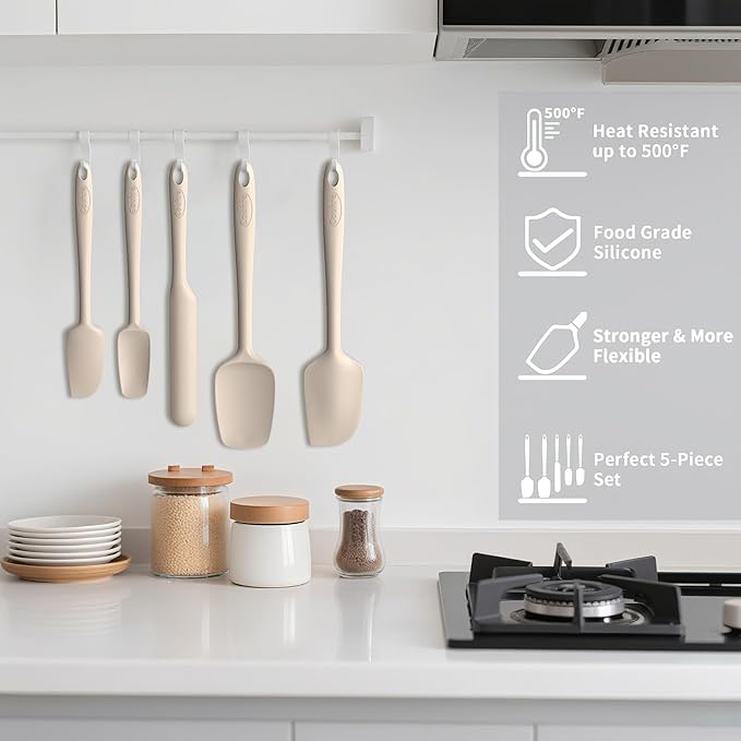 Coukre Silicone Spatula Set of 5,High Heat Resistant, Food Grade Silicone, Upgraded Extended Reinforced Handle,Dishwasher Safe, for Baking, Cooking (Pure Beige, Solid color)