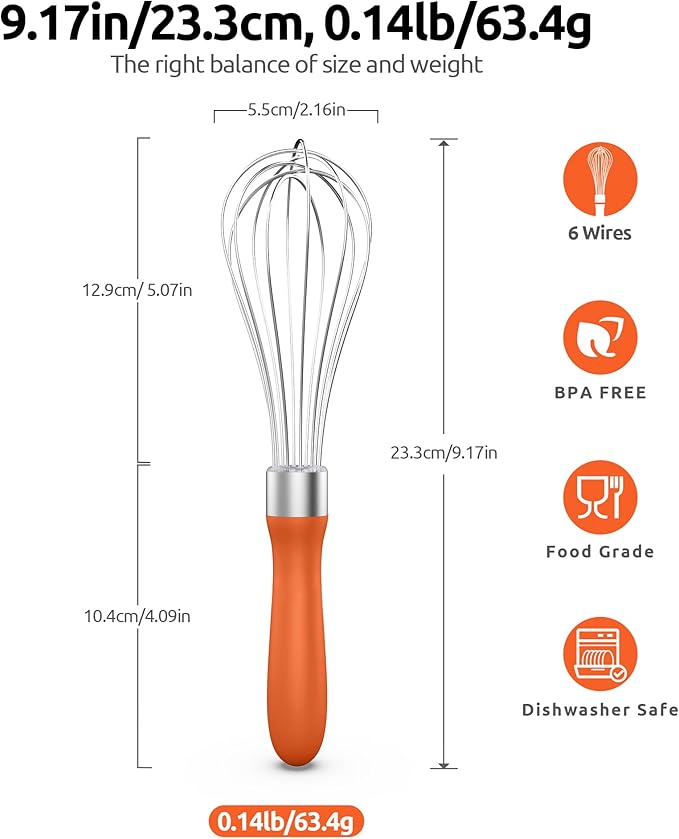 U-Taste 9" Small Egg Whisk: 18/10 Stainless Steel Kitchen Cooking Wire Balloon Wisk, Heavy Duty Metal Beater Stirrer, Manual Baking Tool with 6 Flex Wires for Hand Mixing, Blending Sauce (Orange)