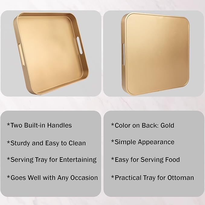 Square Gold Decorative Serving Tray with Handles, Versatile Ottoman Tray for Coffee Table, Entertaining, Outdoor Patio, Living Room, 13”*13”*1.6”