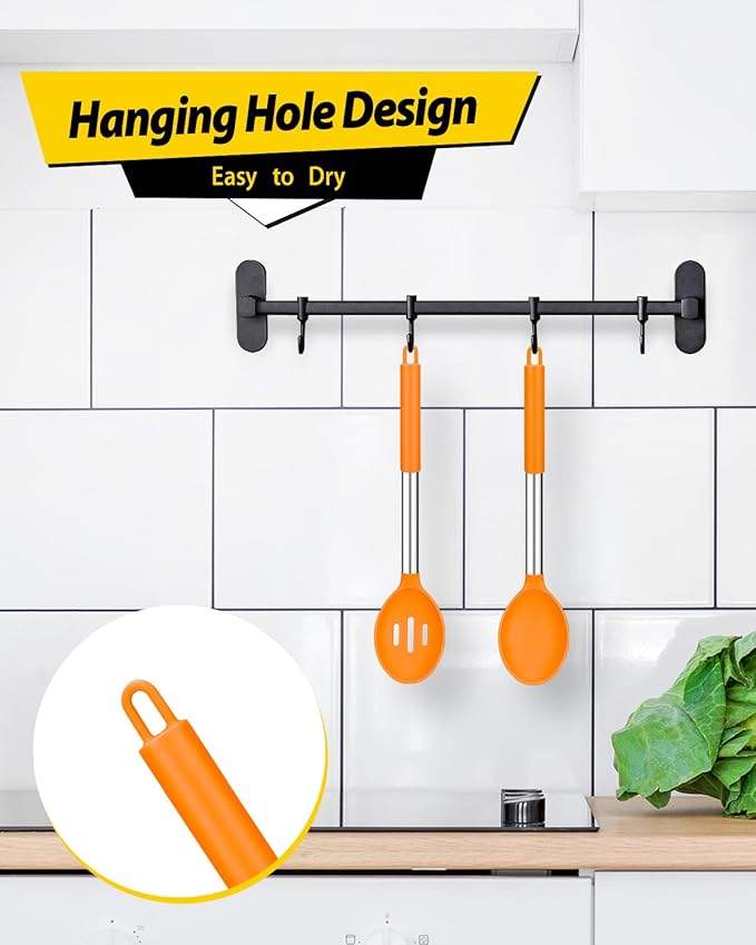 Pack of 2 Large Silicone Cooking Spoons,Non Stick Solid Basting Spoon,Heat-Resistant Kitchen Utensils for Mixing,Serving,Draining,Stirring (ORANGE)