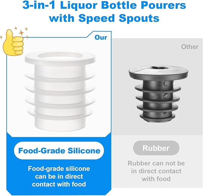 3-in-1 Liquor Bottle Pourers with Speed Spouts, Olive Oil Spout with Built-in Caps - Dishwasher Safe, Alcohol Speed Spouts - 2PCs with 2 Adapters