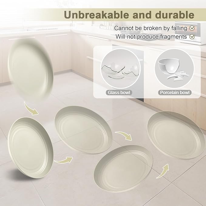 12 Pcs Unbreakable Deep Dinner Plates Set, 10 inch Reusable Plastic Wheat Straw Plates, Microwave and Dishwasher Safe Plate for Kitchen, Lightweight Plate for Dessert, BPA Free, 4 Colors