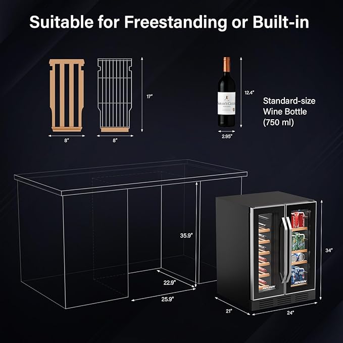 ROVSUN 34 Bottle Wine Fridge - Dual Zone Beverage Refrigerator w/Independent Temp Control & LED Panel, Built-in/Freestanding/Under Counter Chiller for Red/White Wine, Champagne, Beer