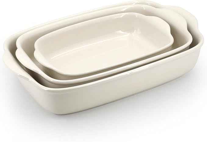 3-Pack Ceramic Baking Dishes Set,Heavy-Duty Oven-Safe Stoneware,Deep Rectangular Casserole Pans for Lasagna & Baking,High Heat Resistant,Handcrafted Glazed Finish (13.8''/12''/9.6'' Pure Off-White)