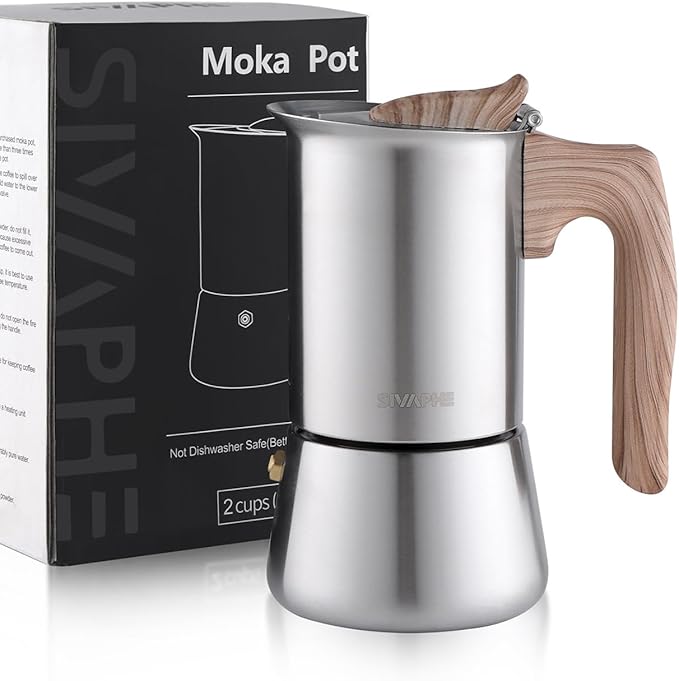 Sivaphe Stovetop Espresso Maker Stainless-Steel 3.5 oz, 1-2 Cup Coffee Maker Induction Moka Pot, 100ml Moka Campaing Coffee Pot, Induction Italian Mocha Pot with Step-by-step Instructions(1 Cup=50ml)