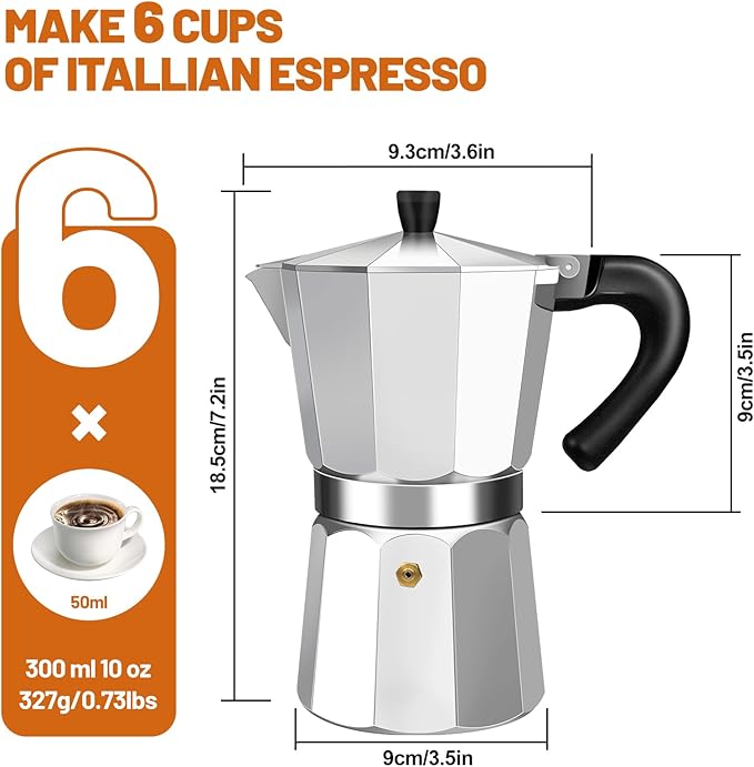 6 Cup Aluminum Espresso Stovetop Moka Pot Express Coffee Maker Percolator Italian Classic Mocha Coffee Machine for Italian and Cuban Cafe Brewing for Home & Camping 300ml 10oz
