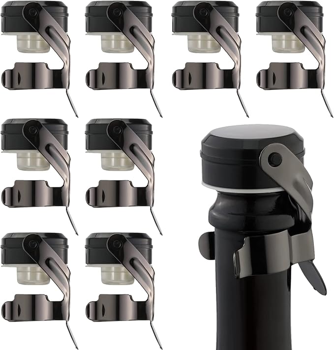 WOTOR Champagne&Wine Bottle Stoppers Stainless Steel with Food Grade Silicone, Leak Proof Keep Fresh Reusable Saver, Cork Suitable for Wine, Champagne, Cava, Prosecco and Sparkling (8 Pack Black）