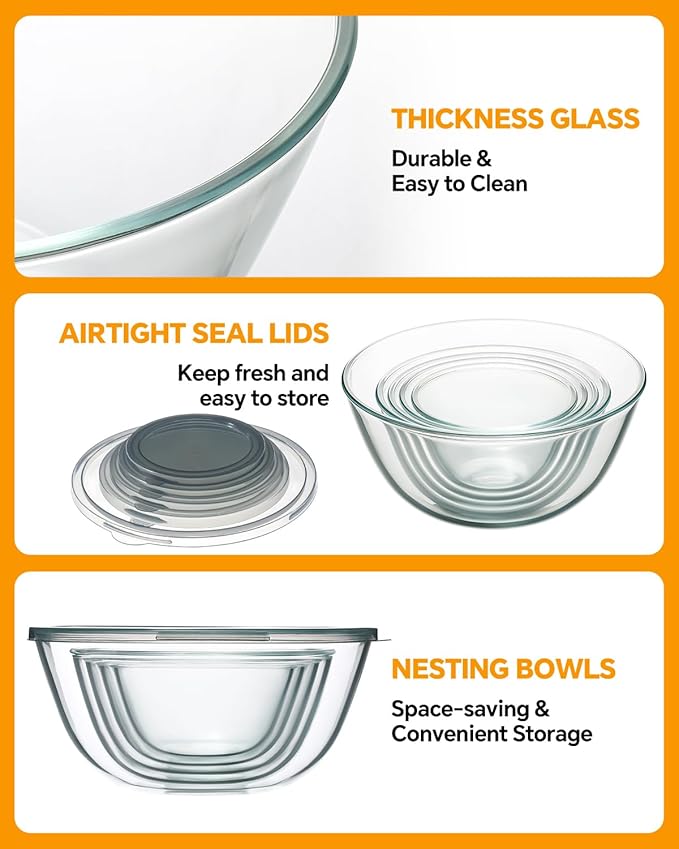Glass Mixing Bowls with Lids Set of 5(4.78QT,2.2QT,1.7QT,1.1QT,0.85QT),Thick Glass Nesting Bowls for Kitchen Baking,Cooking Prep,Storage,Serving,Large Salad Bowls,Dishwasher Microwave Freezer Safe