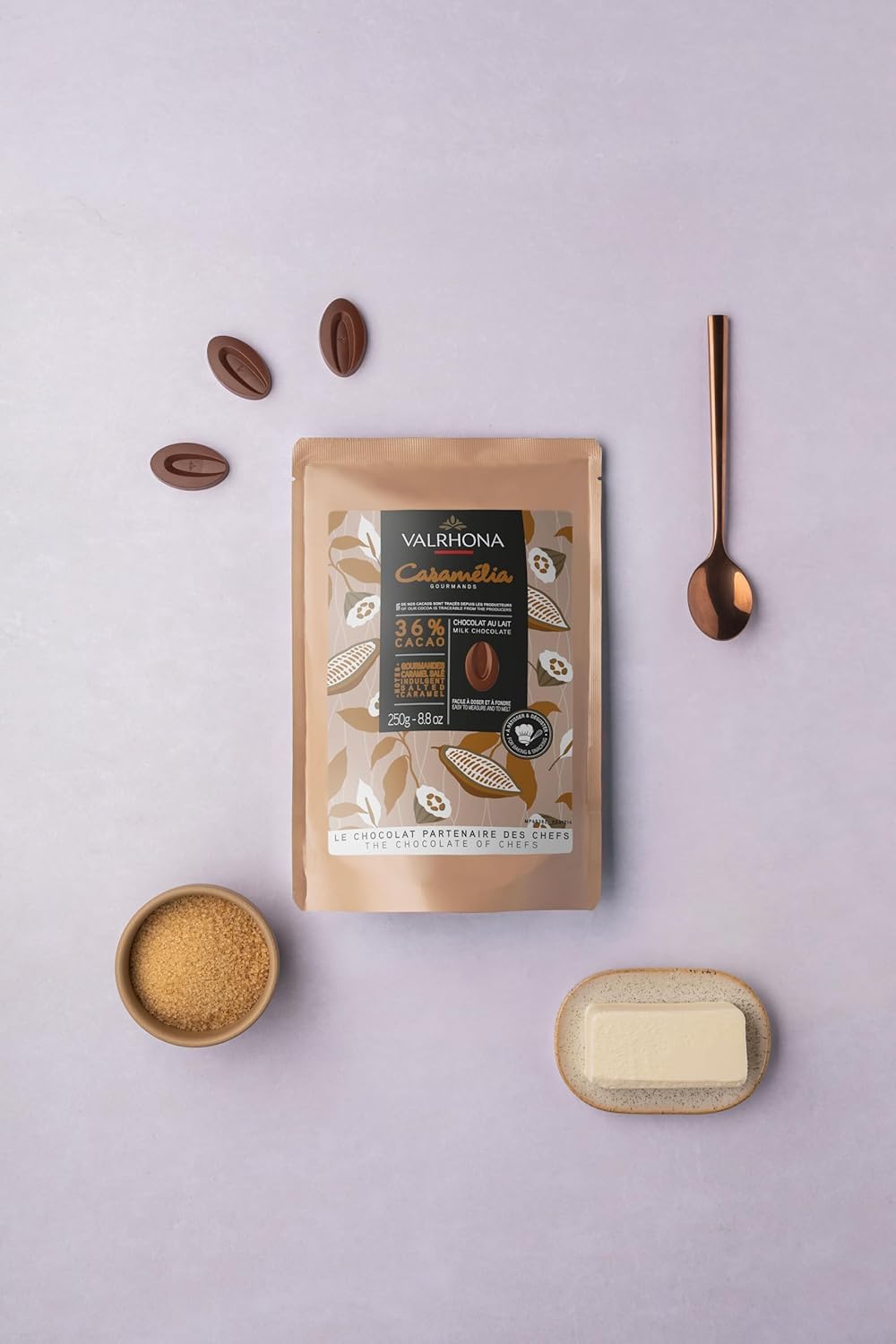 Valrhona Premium French Baking Milk Chocolate Discs (Feves). CARAMELIA 36% Cacao. Creamy, Caramel, Salted Butter Notes. Easy Melt-Tempering. Milky, Balanced. Luscious Frosting, Sauces 250g (Pack of 2)