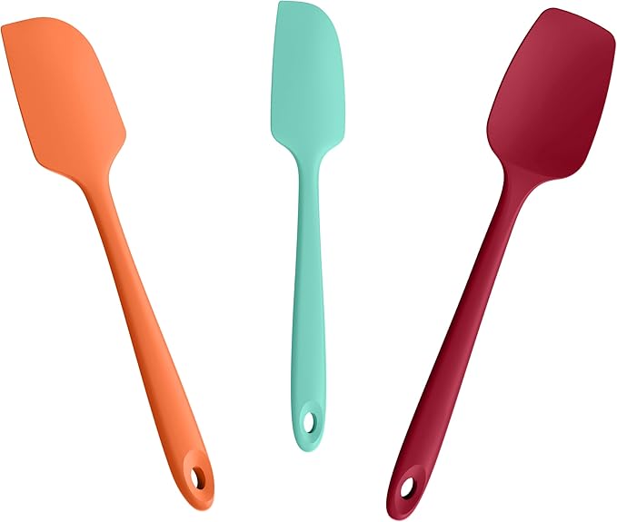 3-Piece Silicone Spatula Scrapers: Doosu 600°F Heat Resistant Food Grade Kitchen BPA Free Rubber Baking Cooking Tool Nonstick Utensil Set for Mixing, Scraping, Folding, Stirring, Serving (Multi-5)